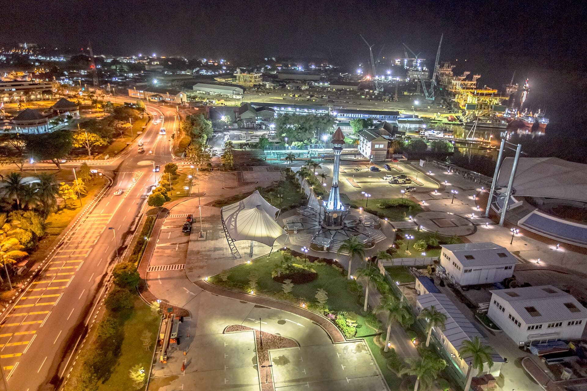 Kuala Belait town centre illuminated at night
